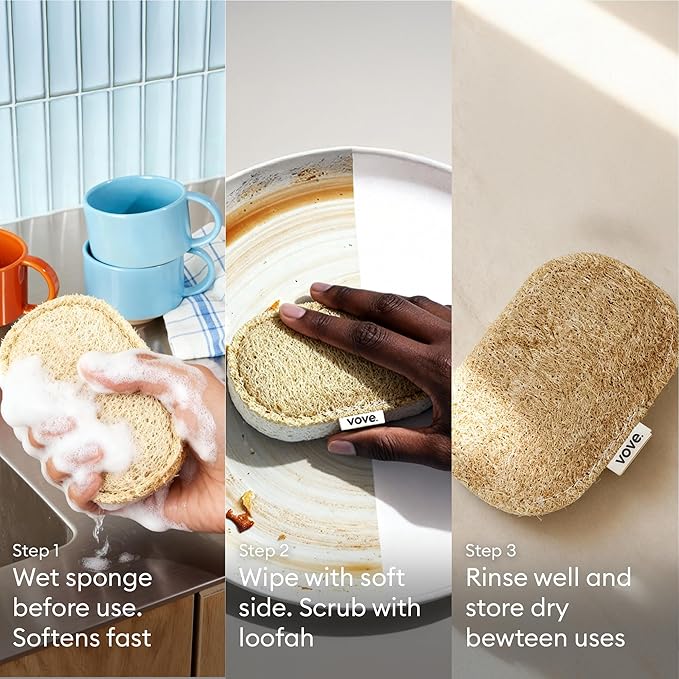 Vove Scrub Sponges 4 Pack, Cellulose & Cotton with Natural Loofah, Eco-Friendly Loofah Dish & Kitchen Sponges, Bathroom Scrubbing Pads, FSC-Certified Packaging