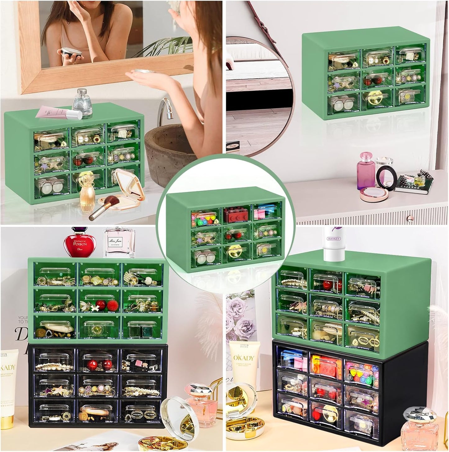 Desk Storage Organizer with 9 Drawers, FODIENS Stackable Desktop Craft Drawer Cabinet, Clear Storage Box Caddy for Makeup Jewelry Office Craft Supplies (9.84×6.3×5.9in) (Green)