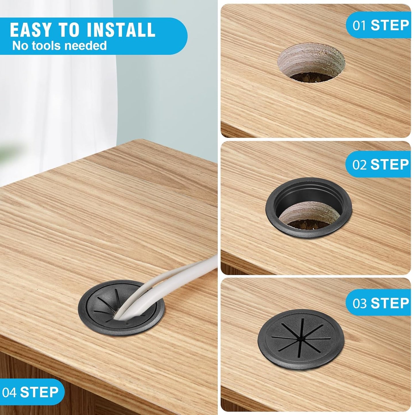 2" Black Desk Grommet, JTemgle Flexible Cable Grommet Plastic Cable Hole Cover Wire Organizer Caps Desktop Cord Management for Home Office TV Stands Tabletops, 2 Pieces