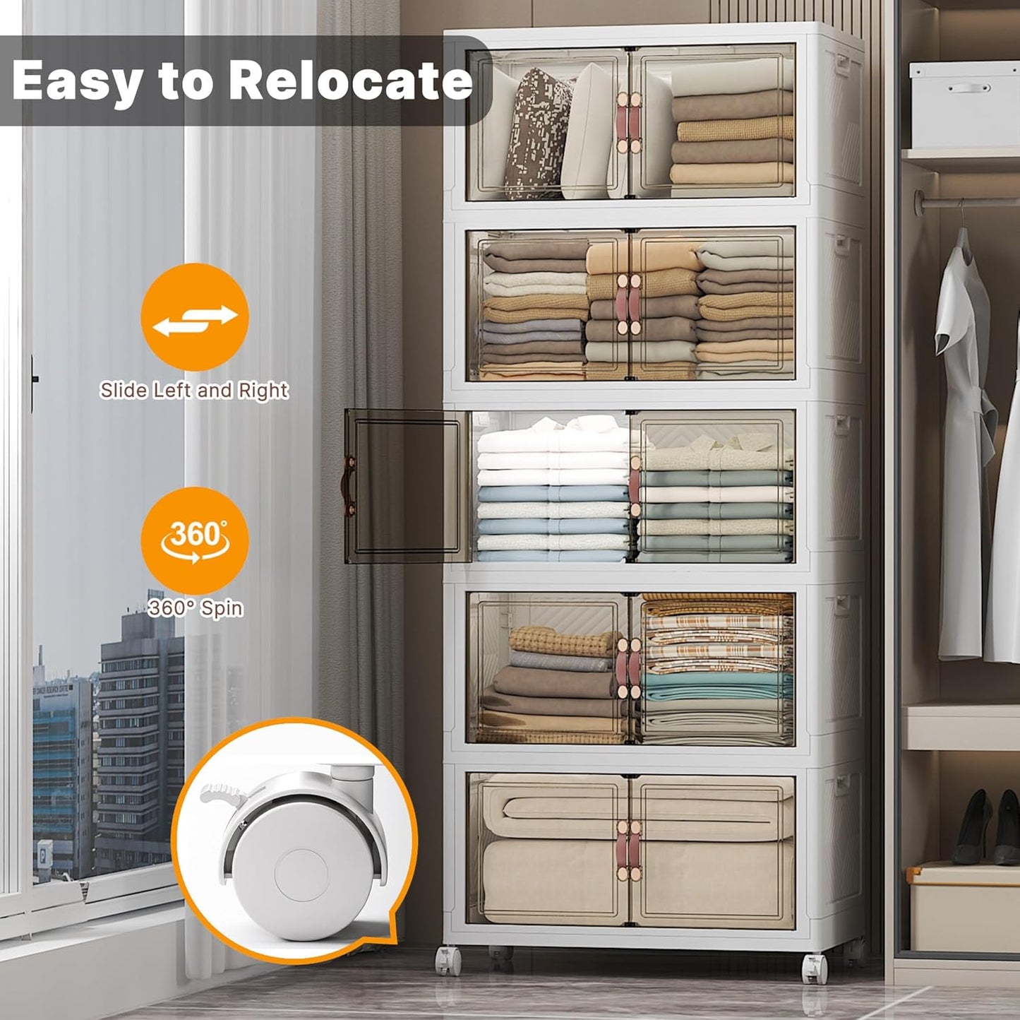 Extra Large Stackable Storage Bins with Lids & Wheels & Door, 560QT-112QT/28GAL*5Pack Foldable Collapsible Closet Organizers, Plastic containers drawers for bedroom Dorm