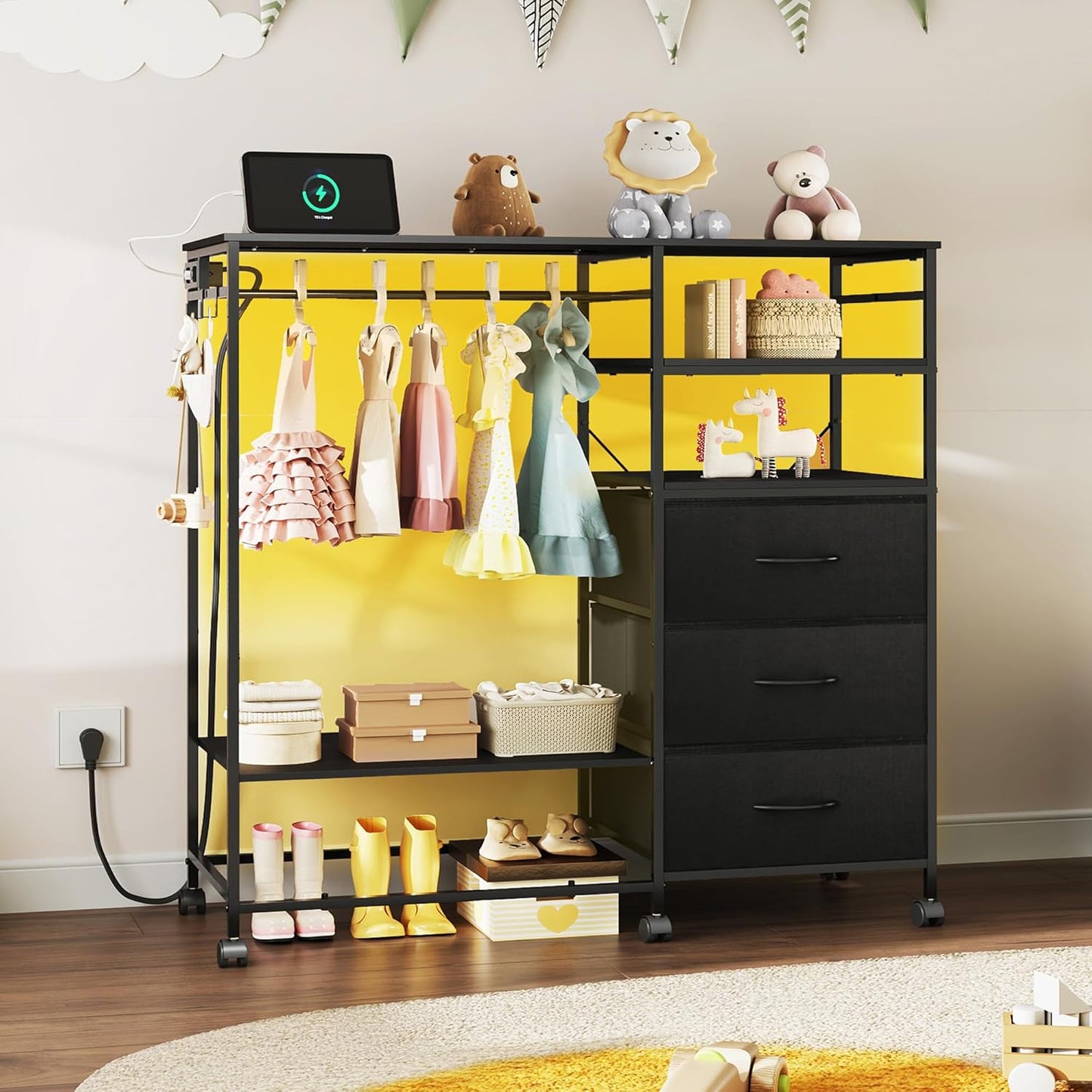 WLIVE 42''W Black Dresser for Bedroom with Hanging Rack, 3 Drawer Dresser with LED Lights & Charging Station, Fabric Dressers & Chest of Drawers, Storage Organizer with Open Shelves for Living Room