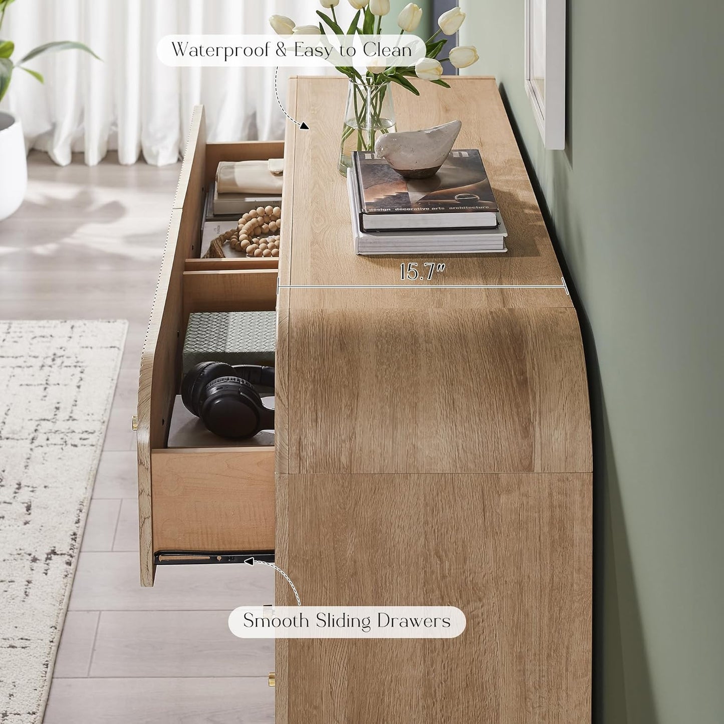 T4TREAM Fluted 6 Drawers Dresser for Bedroom, 54" Wide Modern Chest of Drawers with Thickened Curved Profile Design, Wood Dressers TV Stand for Bedroom, Living Room, Hallway, Natural Oak