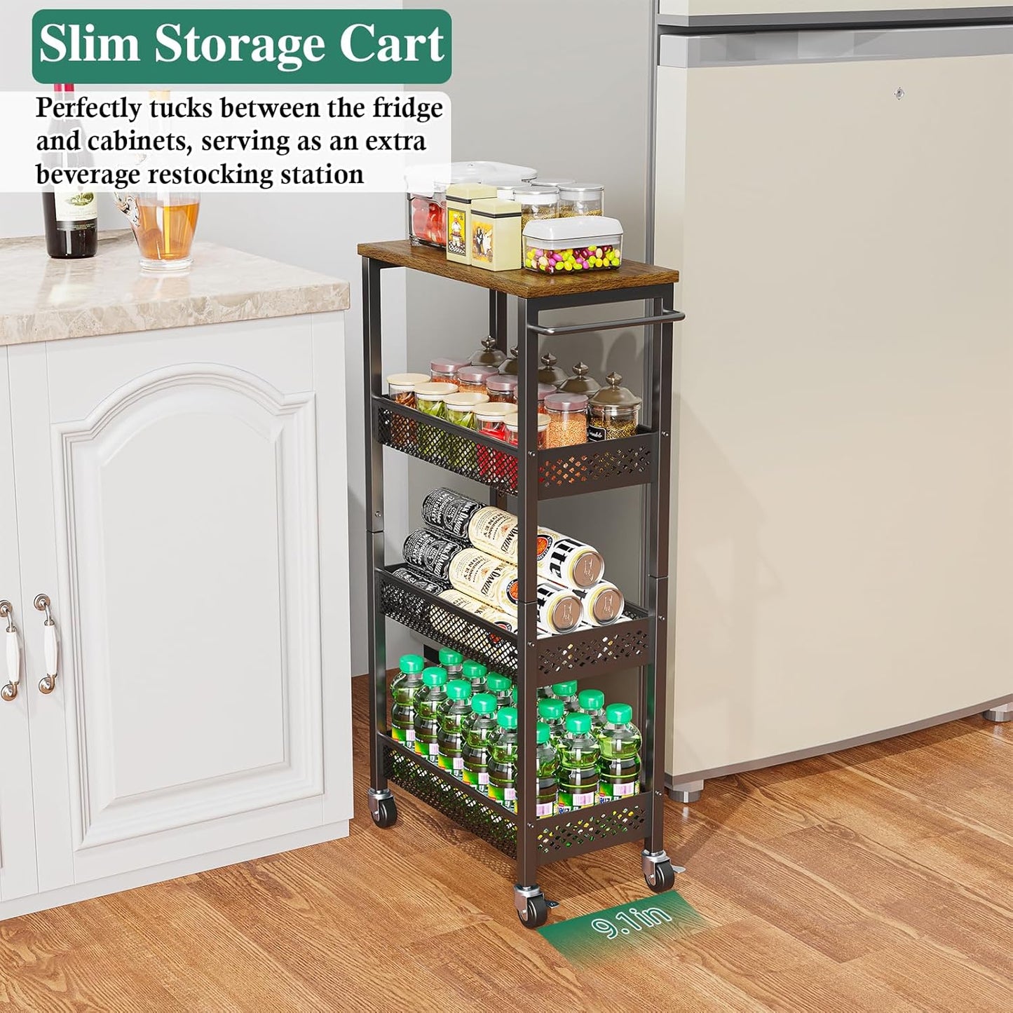 Utility Slim Storage Cart, 4-Tier Narrow Bathroom Organizer and Storage Cart, Metal Narrow Kitchen Laundry Room Organization Rack with Wood Top, Slim Rolling Shelf with Wheels for Small Space