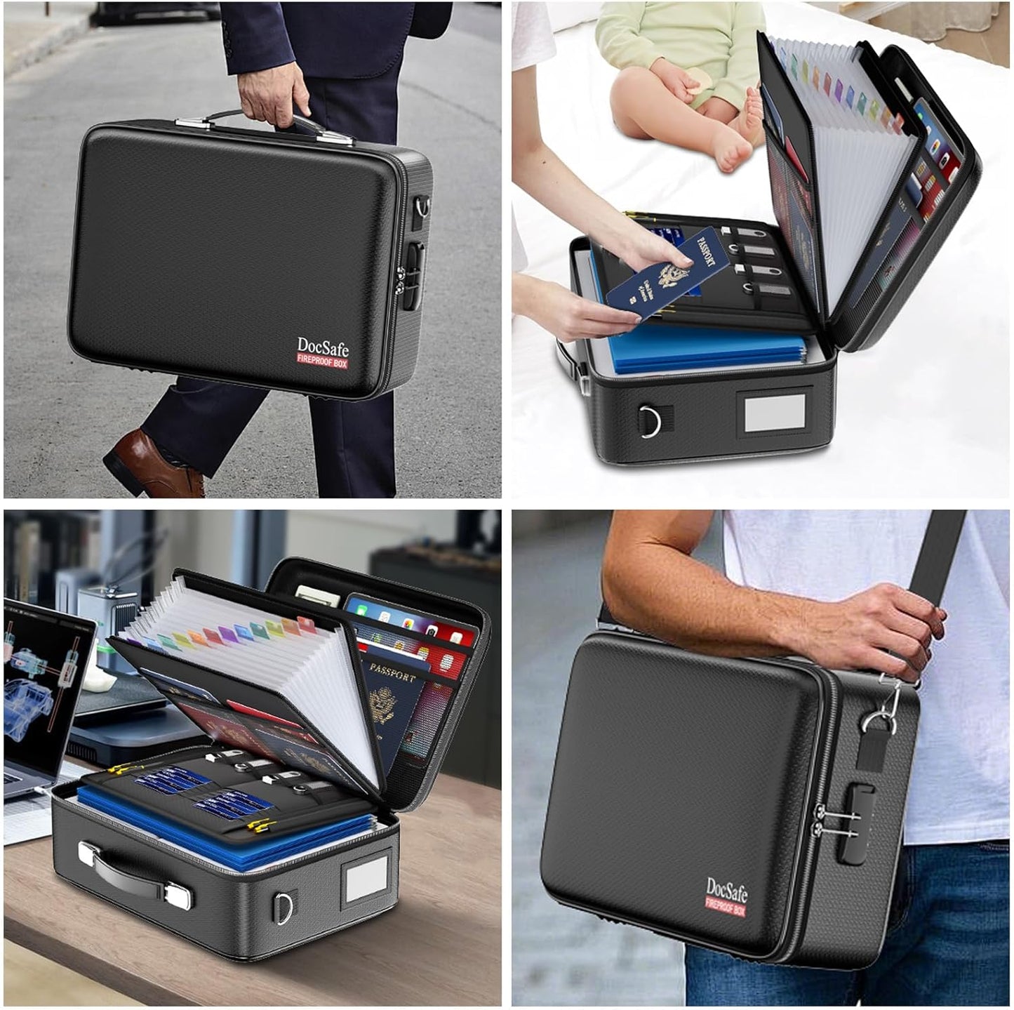 DocSafe Fireproof Document Box with Lock&Shoulder Strap, Hard-Shell Case File Organizer with Accordion File Folder, Multi-Layer Portable Home Office Travel Safe Storage for Important Documents Laptop