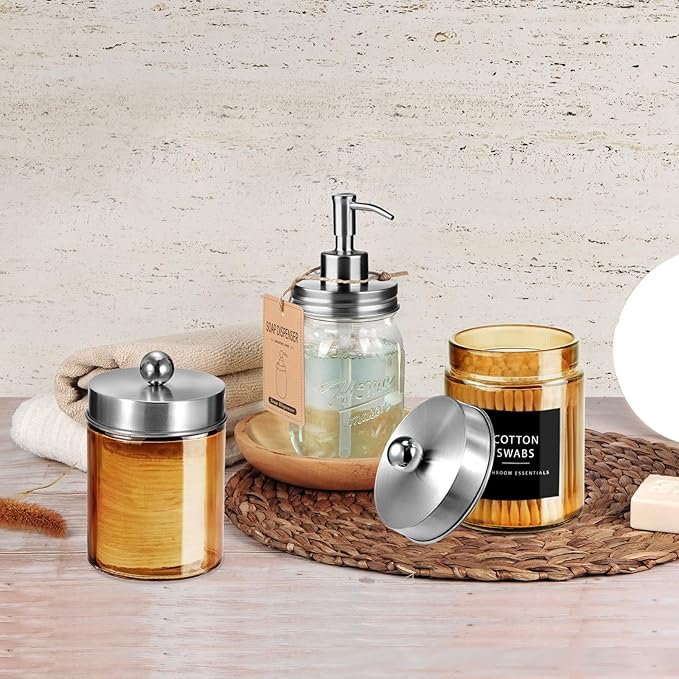Amolliar Bronze Glass Apothecary Jar With Metal Lid & Stickers, Bathroom Qtip Dispenser Storage Canister, Perfect for Cotton Balls, Cotton Swabs, Makeup Pads, Bath Salt, Floss, 2 Pack (Brushed Nickel)