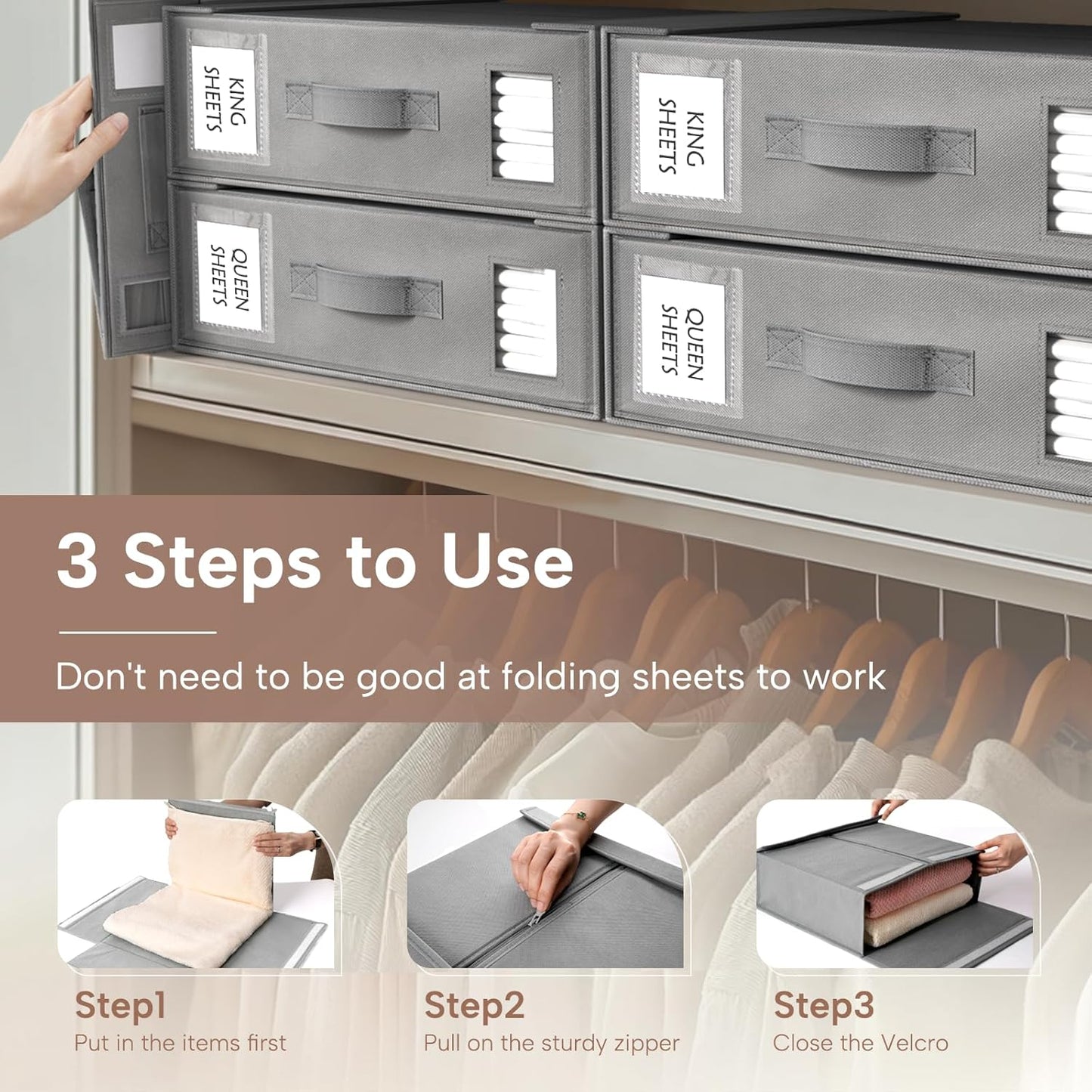 Criusia Bed Sheet Organizers and Storage, 8 Pack Foldable Linen Closet Organizer Box – Bedding Holder for Sheet Set (King/Queen Sizes), Duvet Covers, Blankets (Grey)