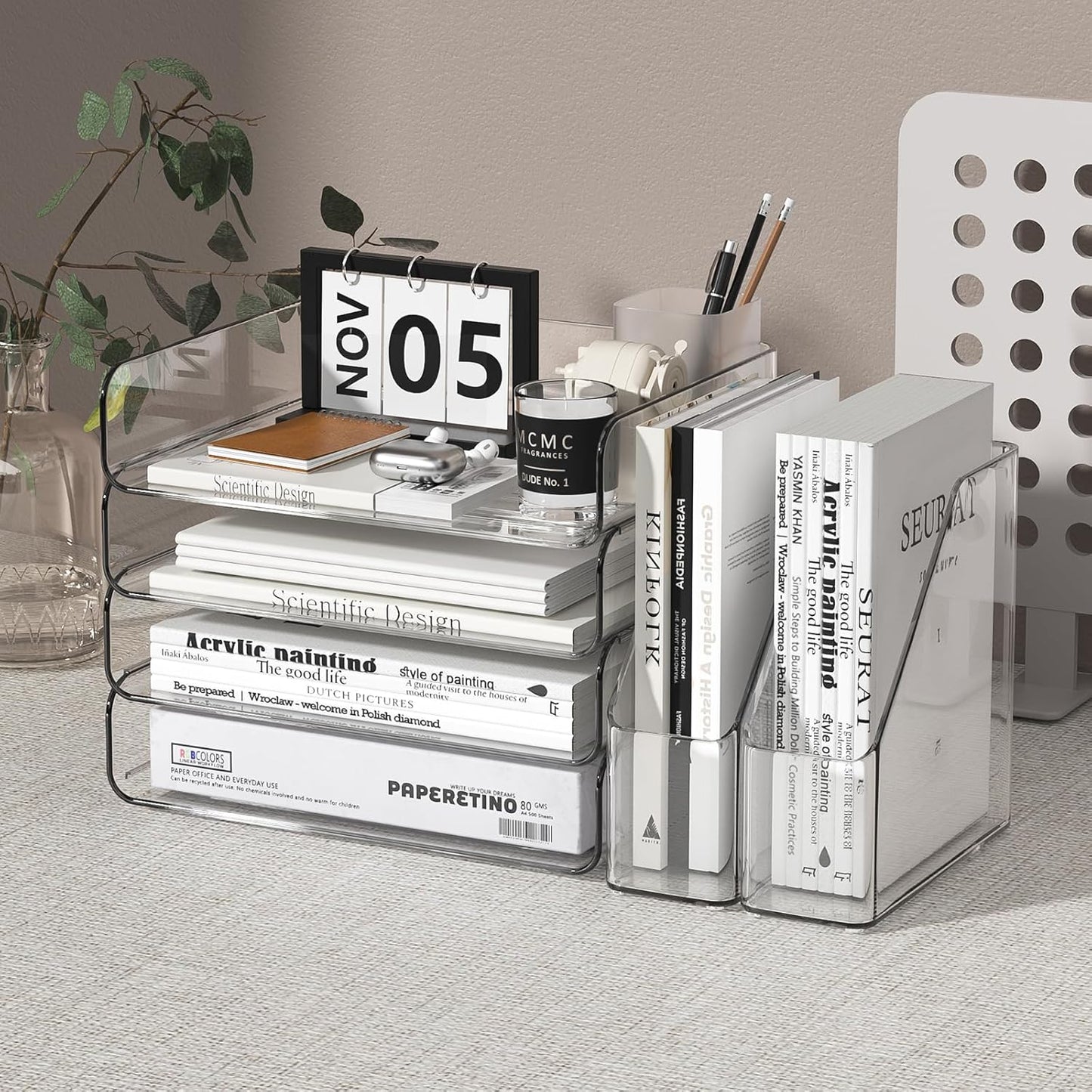 4-Tier Clear Acrylic Paper Tray Organizer for Desk with 2 Matching Bookends – Stackable Letter Tray Set, Stackable Paper Trays, Acrylic Desk Accessories/File Organizer, Office Organizer