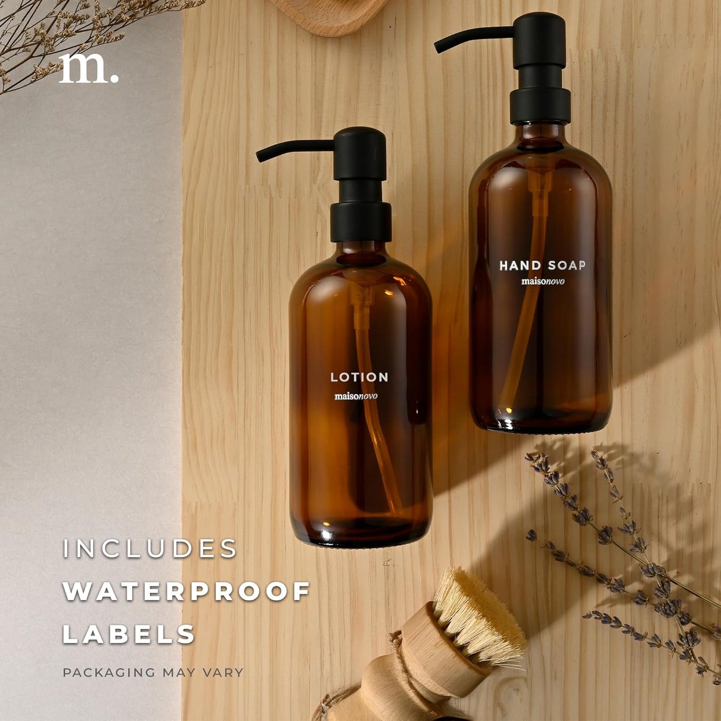 MaisoNovo Soap Dispenser 1-Piece Set | 16.9oz Amber Bottles with Black Stainless Steel Pump