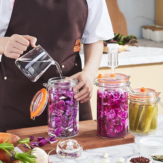 JILLMO 1 Liter Fermentation Jar, Glass Fermenting Kit with Weight for Making Sauerkraut, Hot Sauce, Mead, Cider and More, Pack of 2