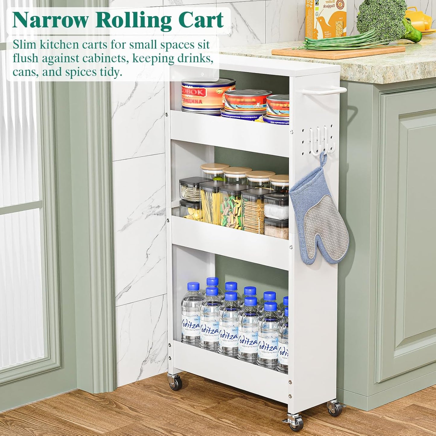 Slim Storage Cart, 4 Tier Rolling Kitchen Cart on Wheels for Small Space, Narrow Laundry Bathroom Organizers Mobile Shelving Unit Metal Utility Cart with Handle, 5.9in Width, White