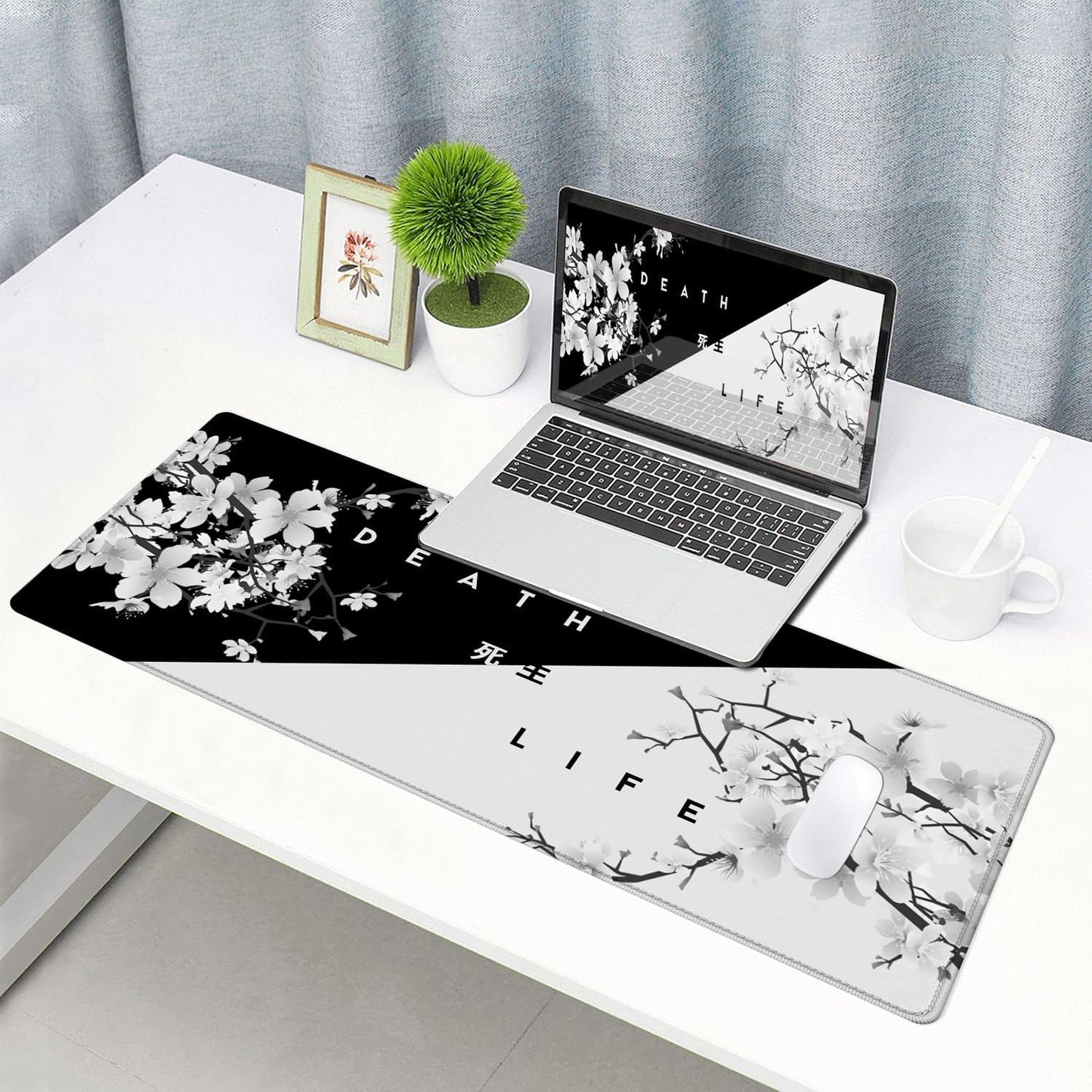 Gaming Mouse Pad, Large Mouse Pads for Desk, Non-Slip Rubber Base Mousepad, Keyboard Mouse Mat Desk Pad with Stitched Edges, 31.5x11.8 inch Sakura Death Life Floral