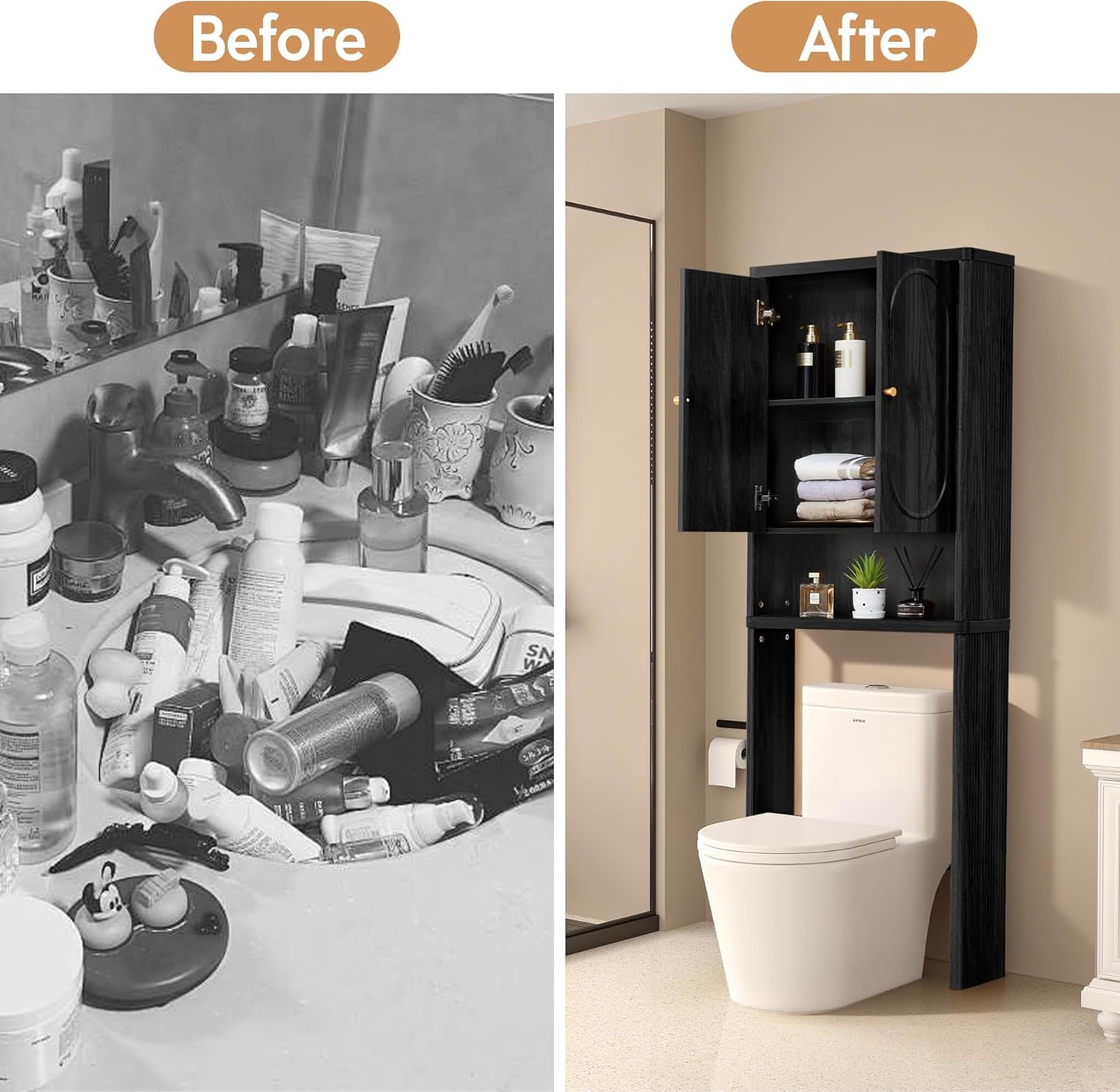 Fluted Over The Toilet Storage Cabinet, Bathroom Toilet Storage Cabinet with Door, Wood Curved Over The Toilet Space Saver Cabinets for Restroom Bathroom, Black