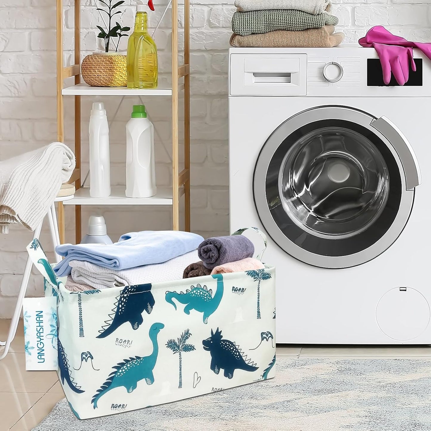 LANGYASHAN Rectangular Storage Bin Collapse Canvas Fabric Cartoon Storage Basket with Handles for Organizing Home Kitchen Boys and Girls Toys Office Closet Shelf Baskets (Rec green dinosaur)