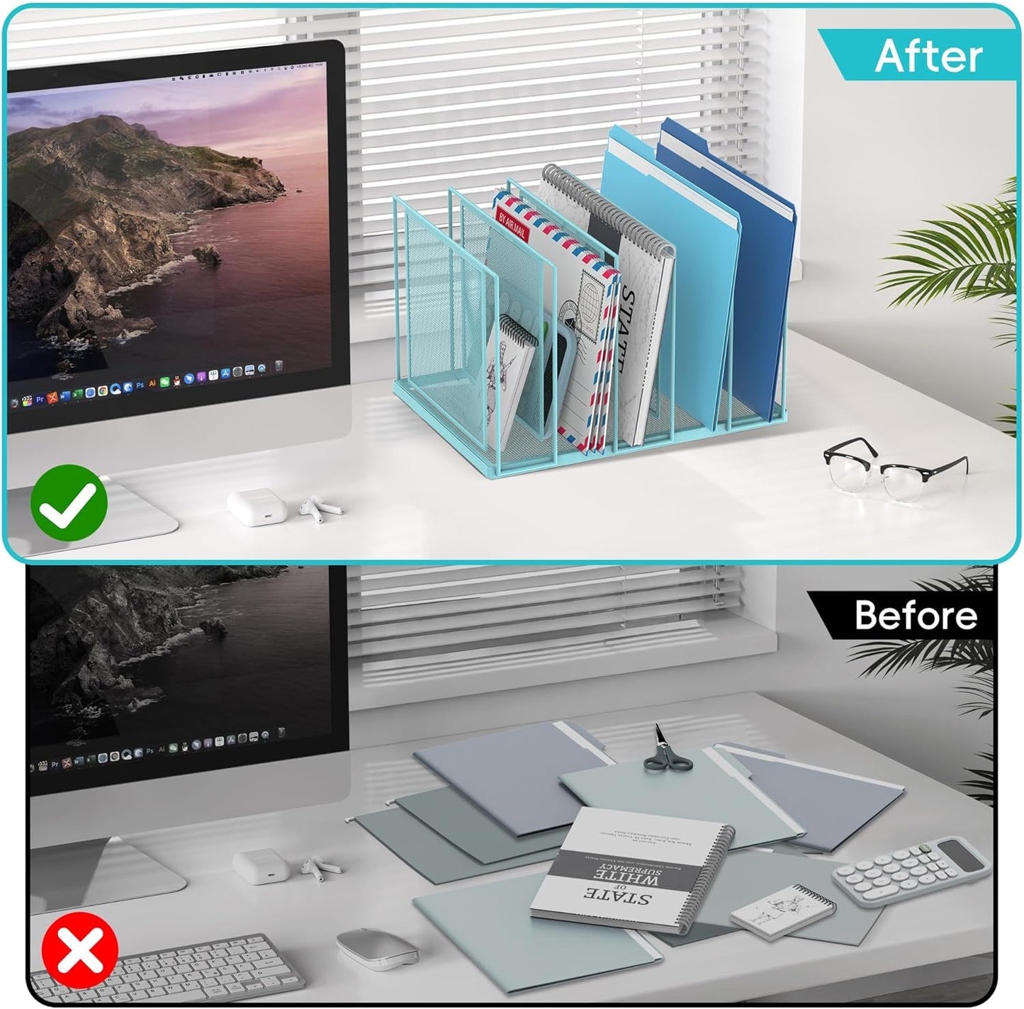 File Organizer for Desk, 5-Section Vertical File Sorter, Paper Holder Organizer Standing Metal File Folder for Office Home Classroom, Blue