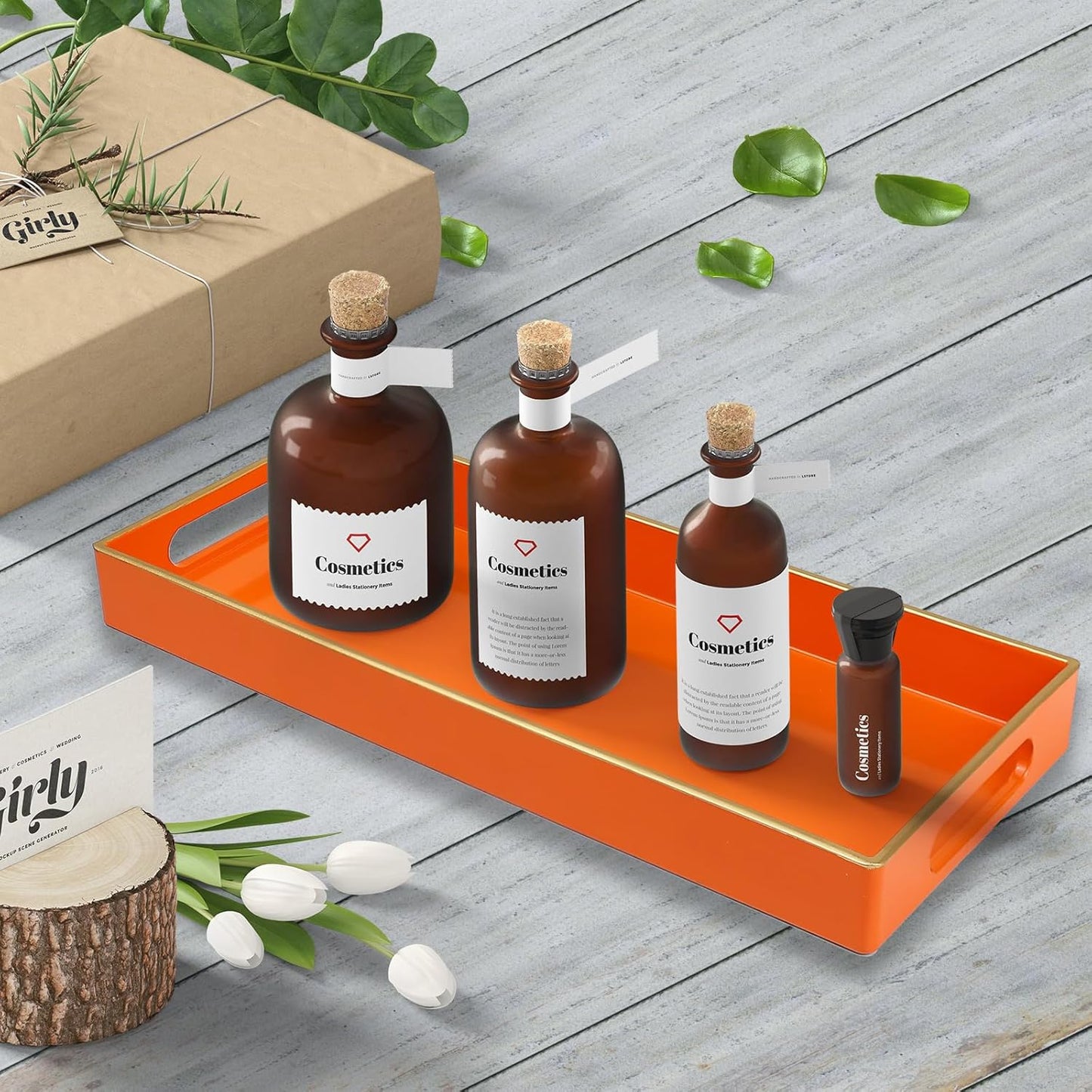 Orange Bathroom Vanity Tray for Countertop, Small Plastic Toilet Tank Versatile Storage & Organization Tray for Makeup, Perfume, Desk, Kitchen, Candles, 13.7"x6"x1.4", 35O