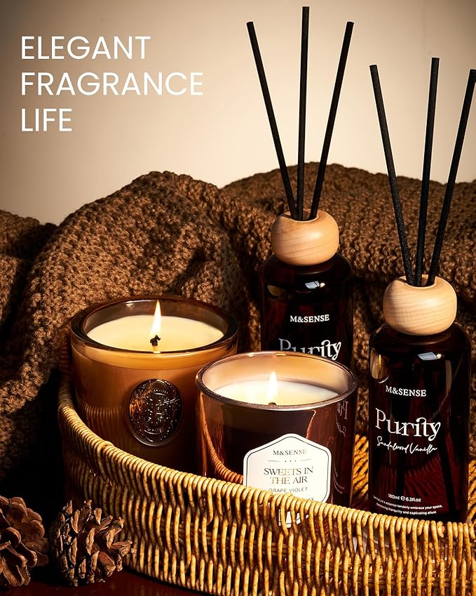 M&SENSE Sandalwood Vanilla Reed Diffuser Set: 6.3 fl oz Non-Toxic Aroma Set with Sticks, Light & Subtle Fragrance, Long-Lasting Natural Essential Oil Gifts for Bedroom, Shelf Decor & Small Spaces