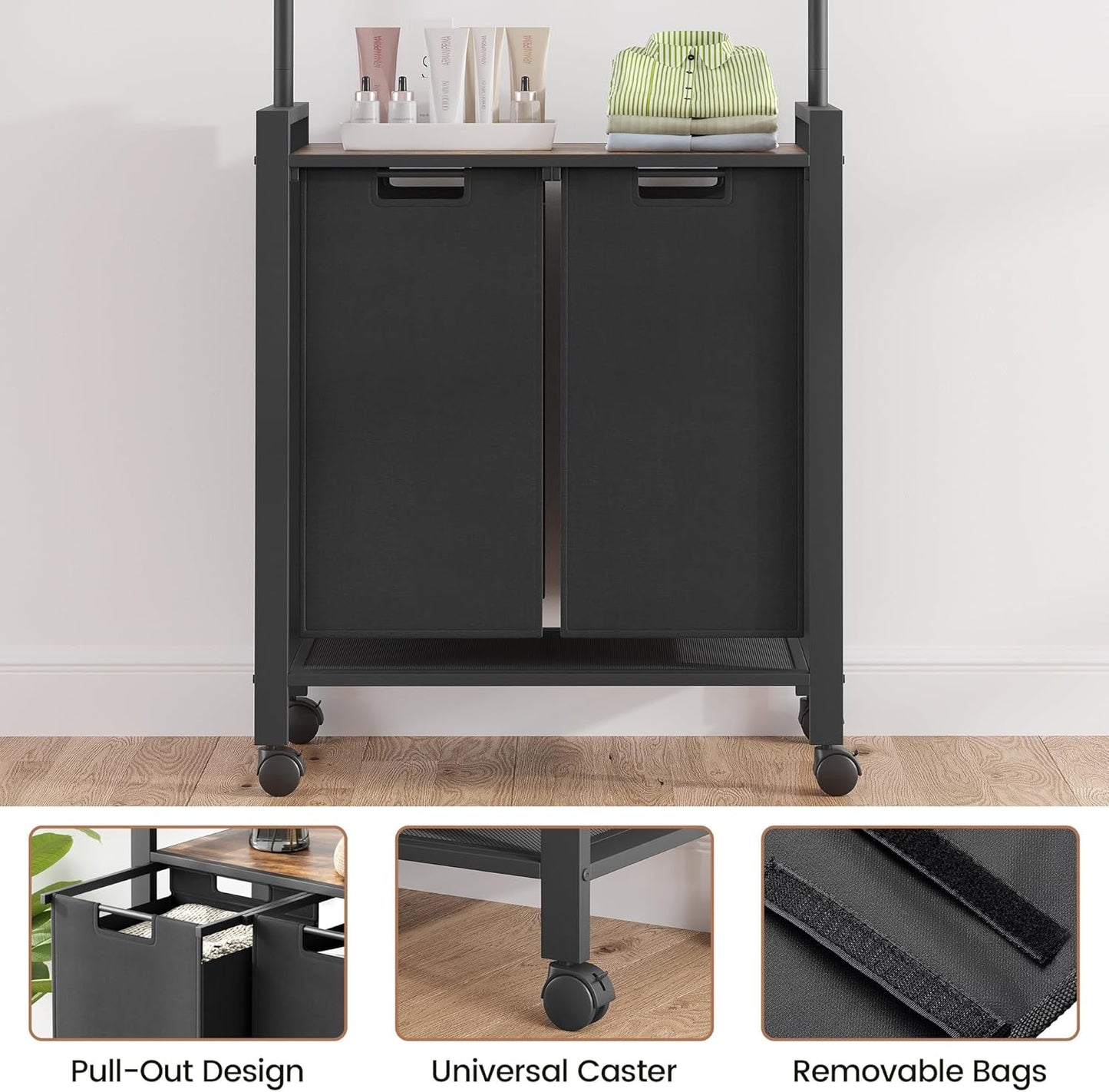 2 Laundry Hamper Sorter with Wheel/Lockable, Laundry Room Organization With Shelf, 42" Hanging Rack+12" Extendable Rod, Laundry Basket for Balcony, Cloakroom