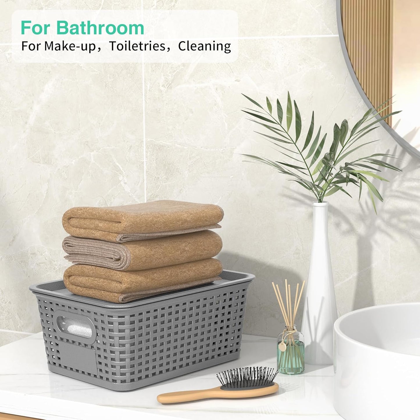 8-Pack Grey Plastic Storage Baskets with Lids, Label Organizers, Stackable Organizer Containers: For Organizing Shelves, Drawers, Desk Closets, Playrooms, Classrooms, Offices