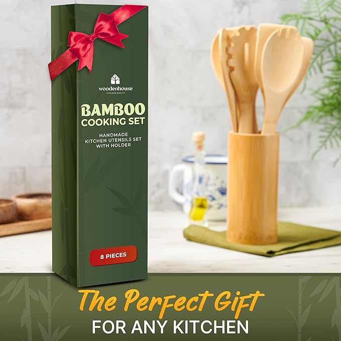 Bamboo Utensils 7 PCs with Holder – Bamboo Cooking Utensils Set + Holder for Nonstick – Wooden Spoon Sets for Cooking – Easy to Clean, Sturdy, Lightweight & Heat Resistant