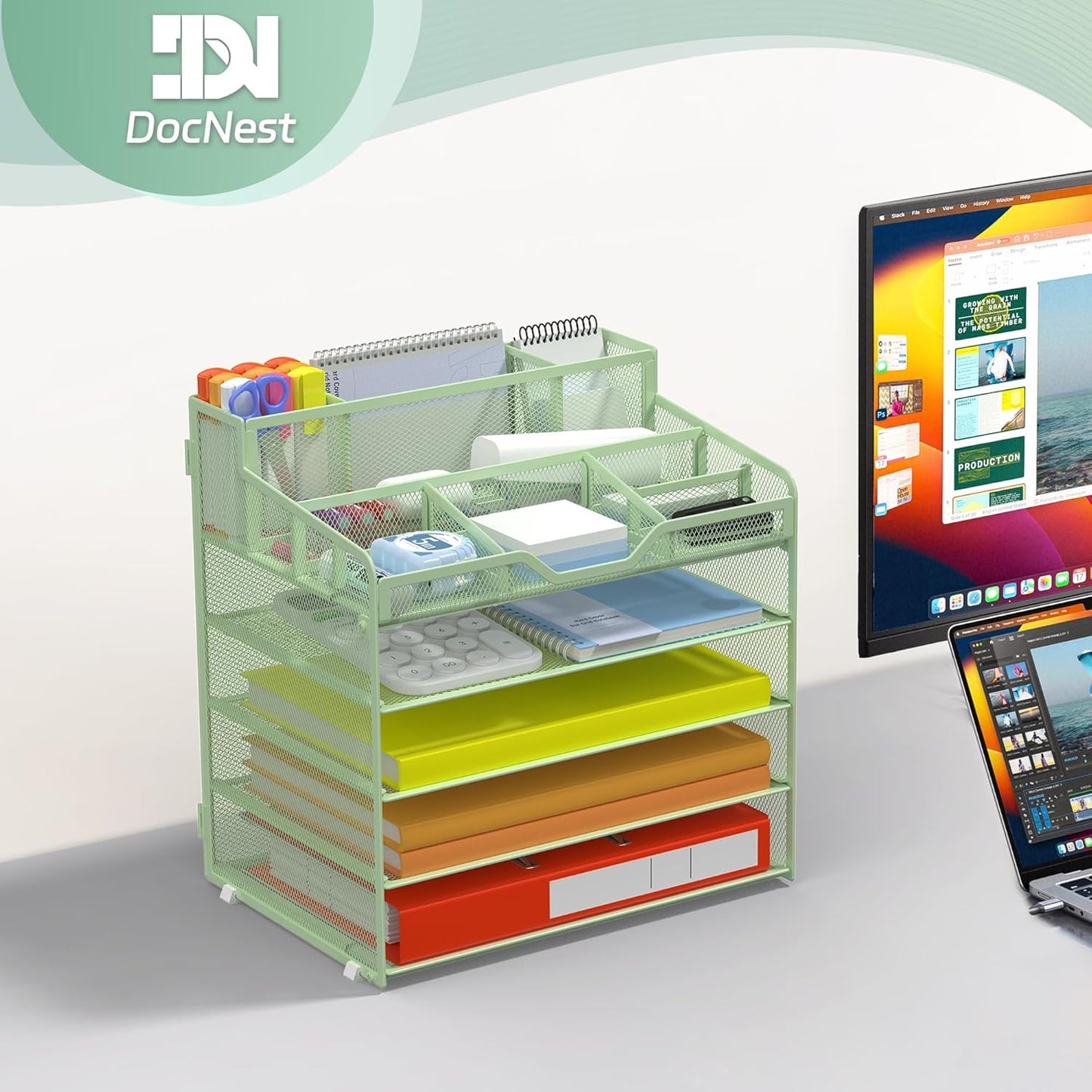 Docnest 5 Tier Mesh Desk Organizer for Paper Office Supplies – Multi-Functional Letter Tray with 5 Adjustable Compartments, 3 Pen Holders, Desktop Storage for Files, Mail, Stationery – Green