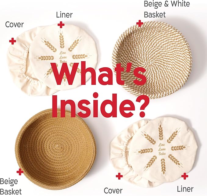 KneadAce Cotton Rope Banneton Bread Proofing Basket Set, 2 x Round Bread Basket with Liners & Covers for Artisan Bread Baking, Sourdough Bread Baking Supplies