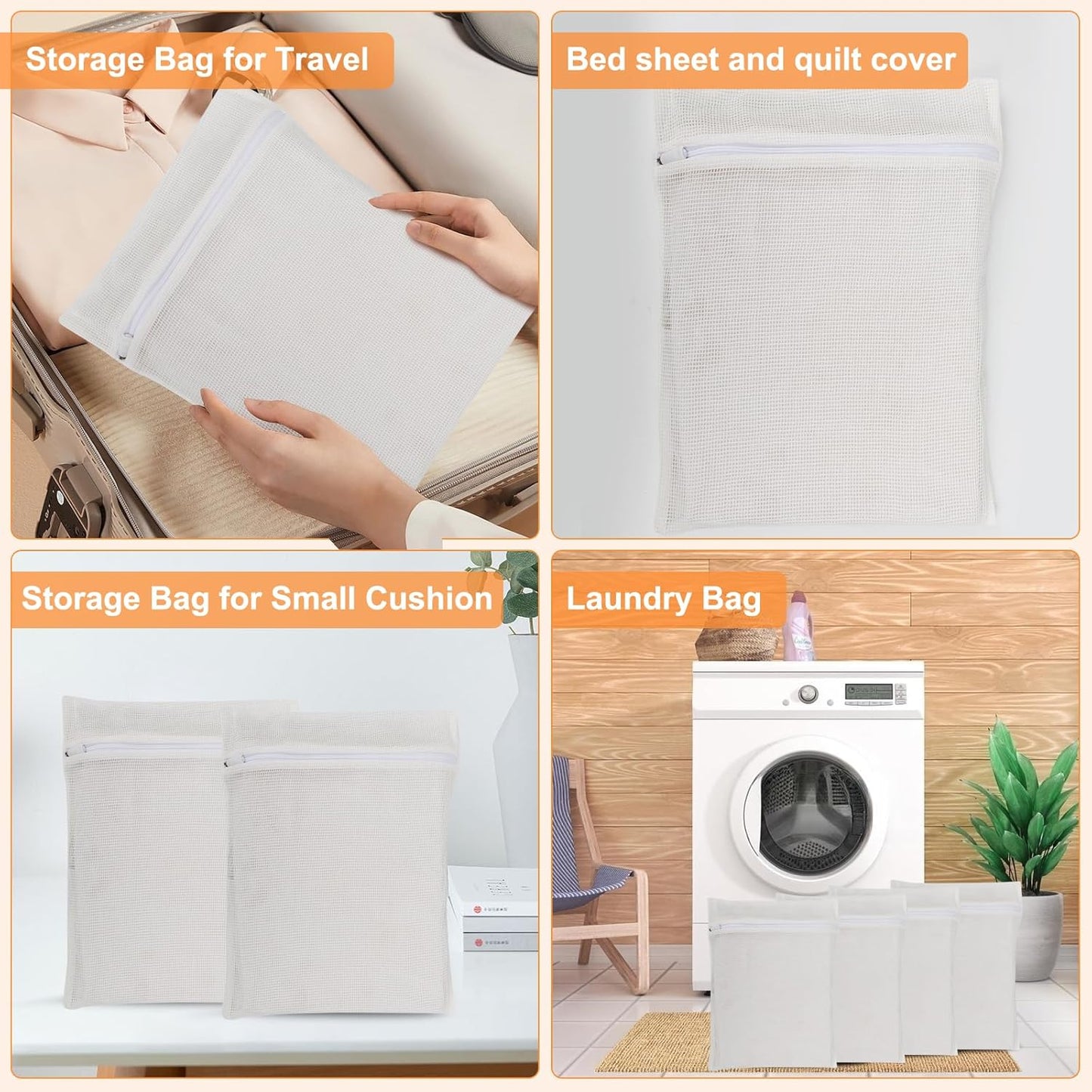 4-Piece White Medium Durable Organic Cotton Mesh Laundry Bags with Sturdy Zippers and Breathable Mesh are Delicate Laundry Bags for Underwear, Clothes, Pants and Socks