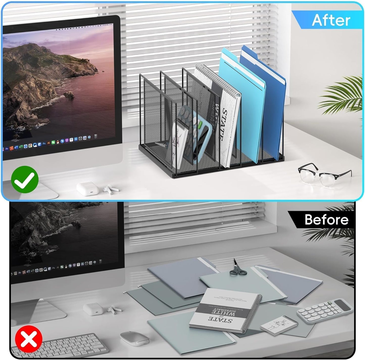 File Organizer for Desk, 5-Section Vertical File Sorter, Paper Holder Organizer Standing Metal File Folder for Office Home Classroom, Black 2 PACK