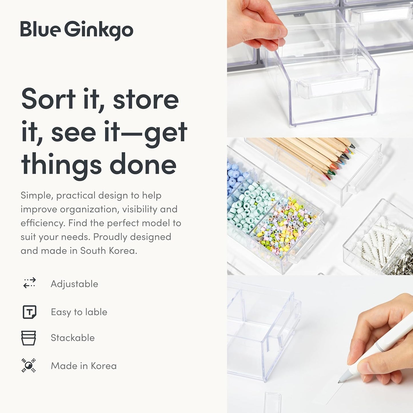Blue Ginkgo Small 20-Drawer Cabinet – Stackable Clear Organizer for Hardware, Beads, Plastic Bricks, Office, and Craft Storage (Made in Korea, Blue)
