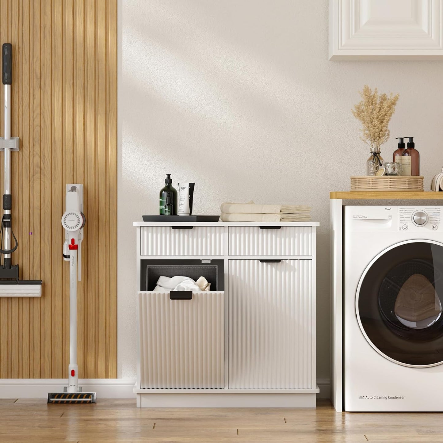 White Double Tilt Out Laundry Hamper Cabinet Laundry Basket Cabinet Hidden Laundry Hamper with 2 Drawers & 2 Baskets for Bathroom Bedroom,30x30x16in