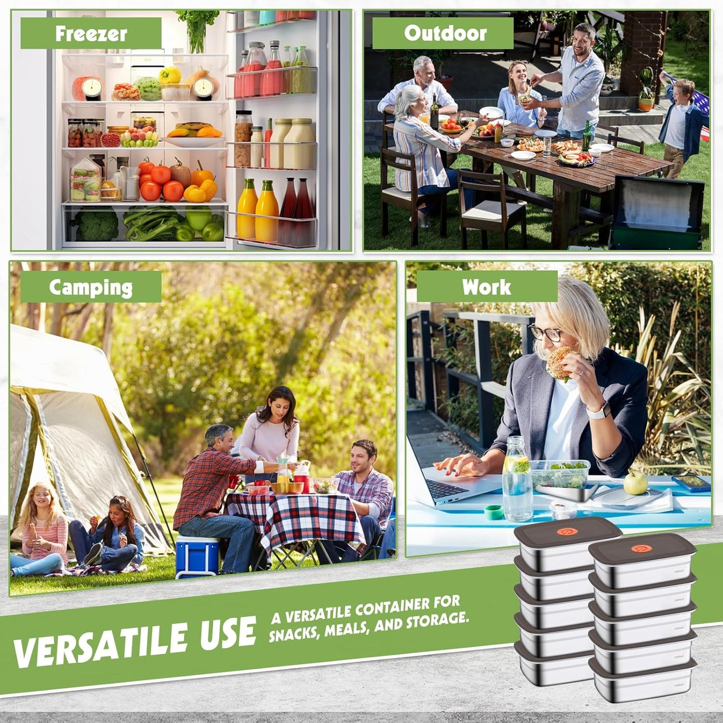 10 Pack Stainless Steel Food Storage Containers with Leak-Proof Lids, 34oz Reusable Metal Meal Prep Lunch Boxes, Stackable, BPA-Free, Dishwasher Safe for Snacks, Fruits & On-the-Go Meals