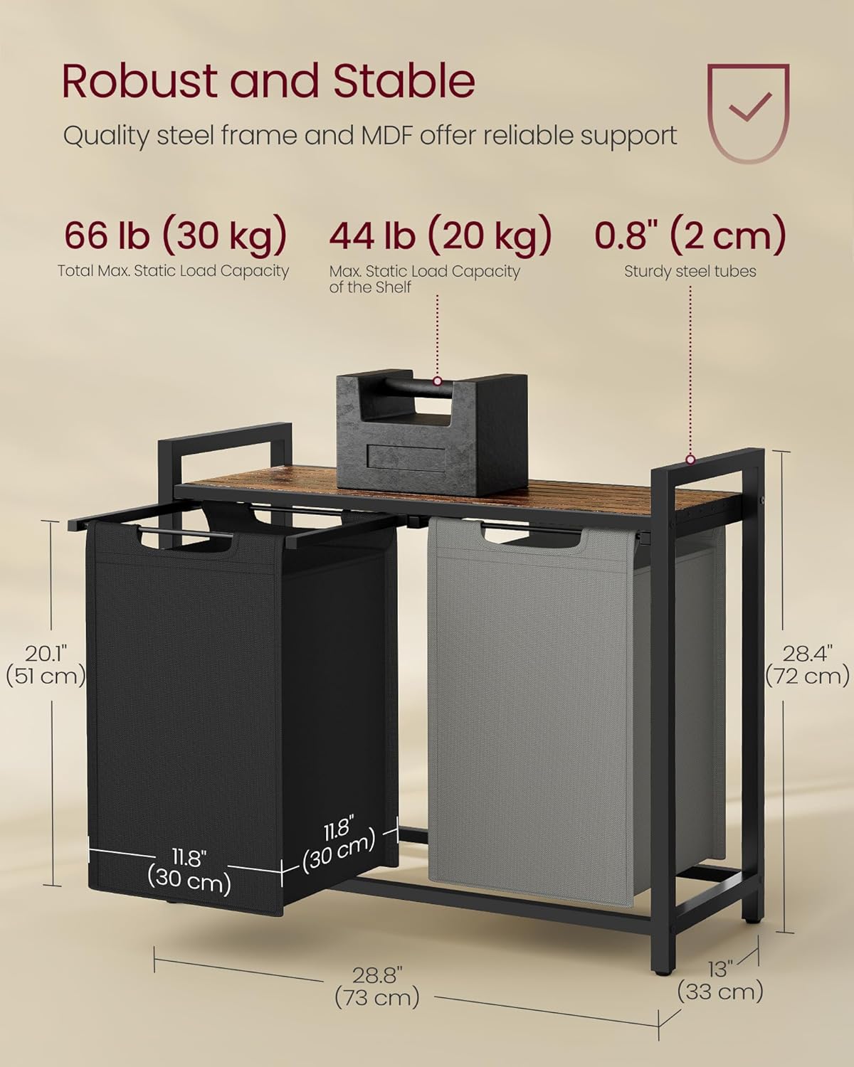 VASAGLE Laundry Hamper, Laundry Basket, Laundry Sorter with 2 Pull-Out and Removable Bags, Shelf, Metal Frame, 2 x 12.1 Gallons (46 L), 28.8 x 13 x 28.4 Inches, Bicolor and Rustic Brown UBLH201X01