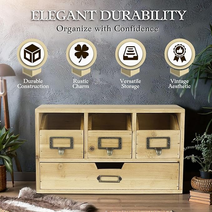 Flexzion Apothecary Cabinet with 4 Drawers - Vintage Natural Wood Desktop Organizer for Home & Office Supplies - Tabletop Wooden Storage for Catalog, Card, Jewelry, Makeup, Craft & Tools