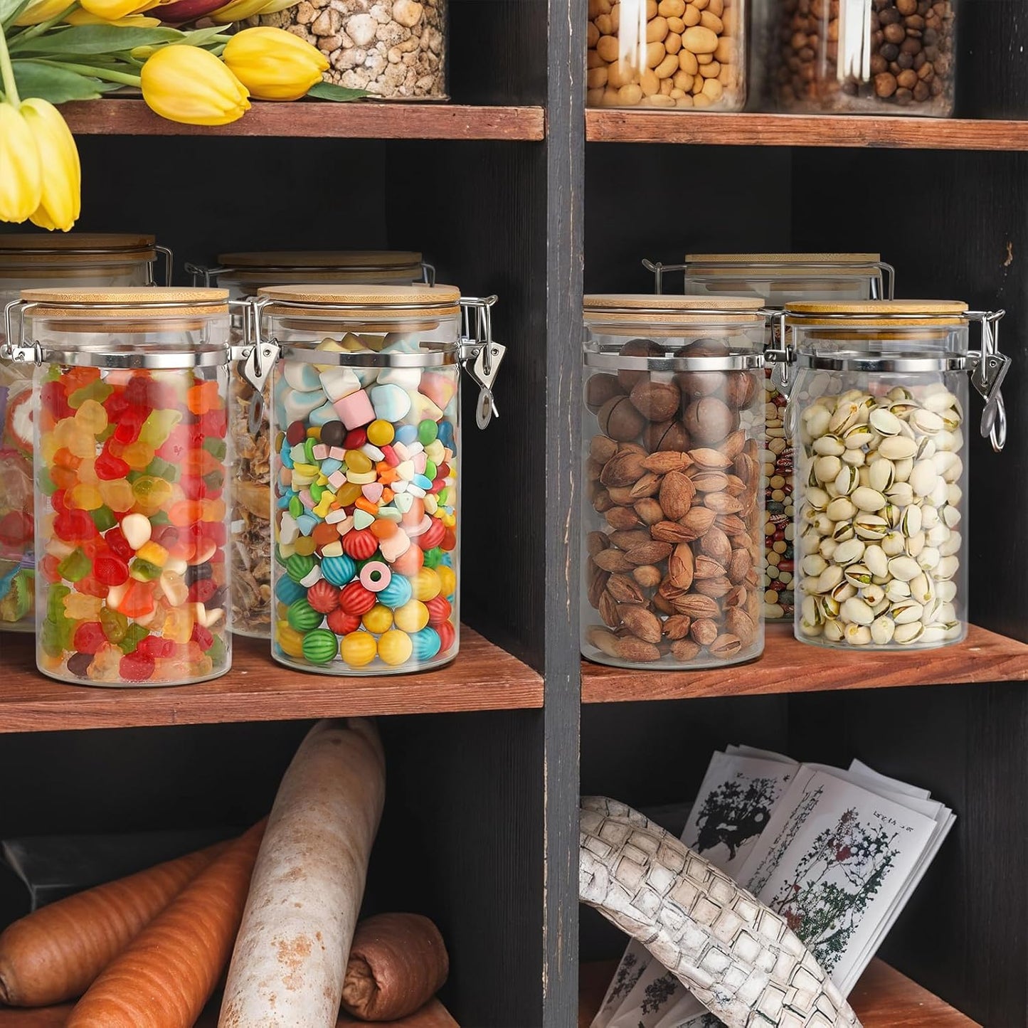 2 Pack 40.5oz Coffee Bean Storage Container with Airtight Bamboo Lids Glass Airtight Coffee Canister with Scoop Storage Container for Grounds Tea Cereal Sugar