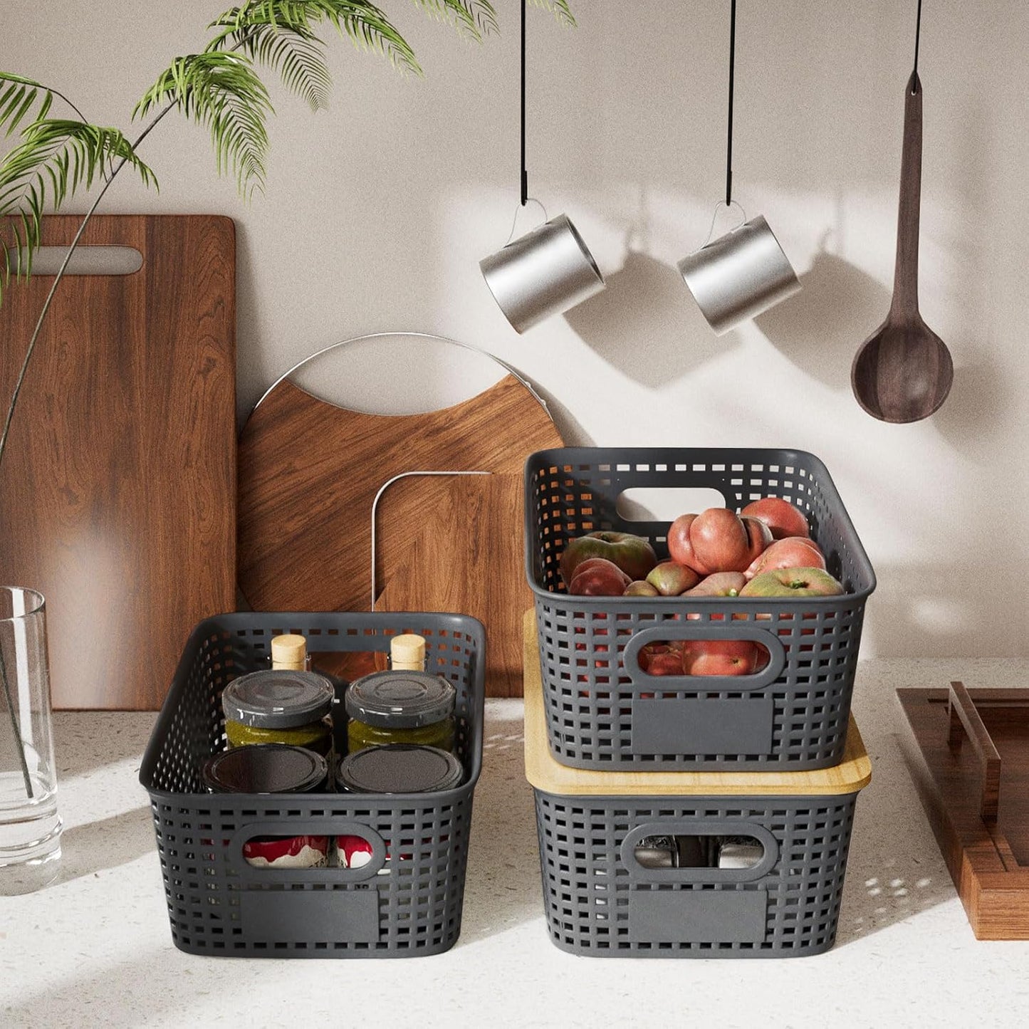 Plastic Storage Bins with Bamboo Lid - Plastic Storage Baskets with Lid - Stackable Container with Lable for Organizing: Small Storage Box for Shelves Office Cabinet Drawer ,10x7.2x4 In - Grey 6 Pcs