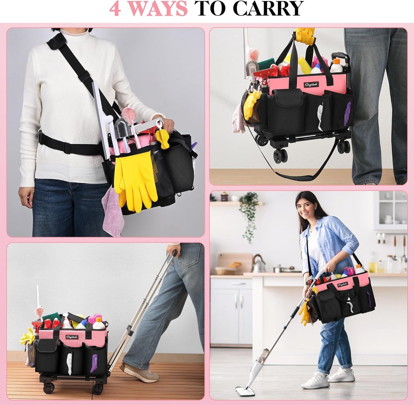 Rolling Cleaning Caddy, Cleaning Supplies Organizer with Trolley, Wearable Cleaning Tote Bag on Wheels with Hard Bottom, Cleaning Carts for Housekeepers/Home/Car/Office/Picnic (Pink)