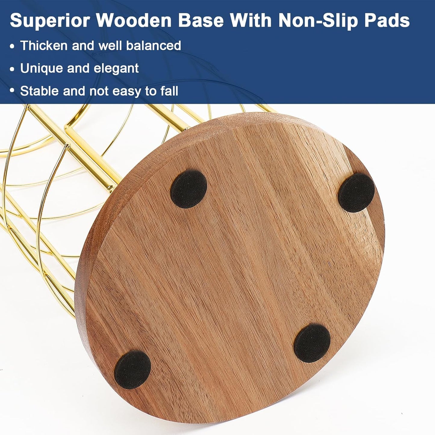 NearMoon Toilet Paper Organizer Stand, Freestanding 3 Rolls Tissue Storage, Metal Bathroom Accessory, Rustproof Toilet Roll Holder for Kitchen Countertop Inside Cabinet Shelf(Wooden Base, Gold)