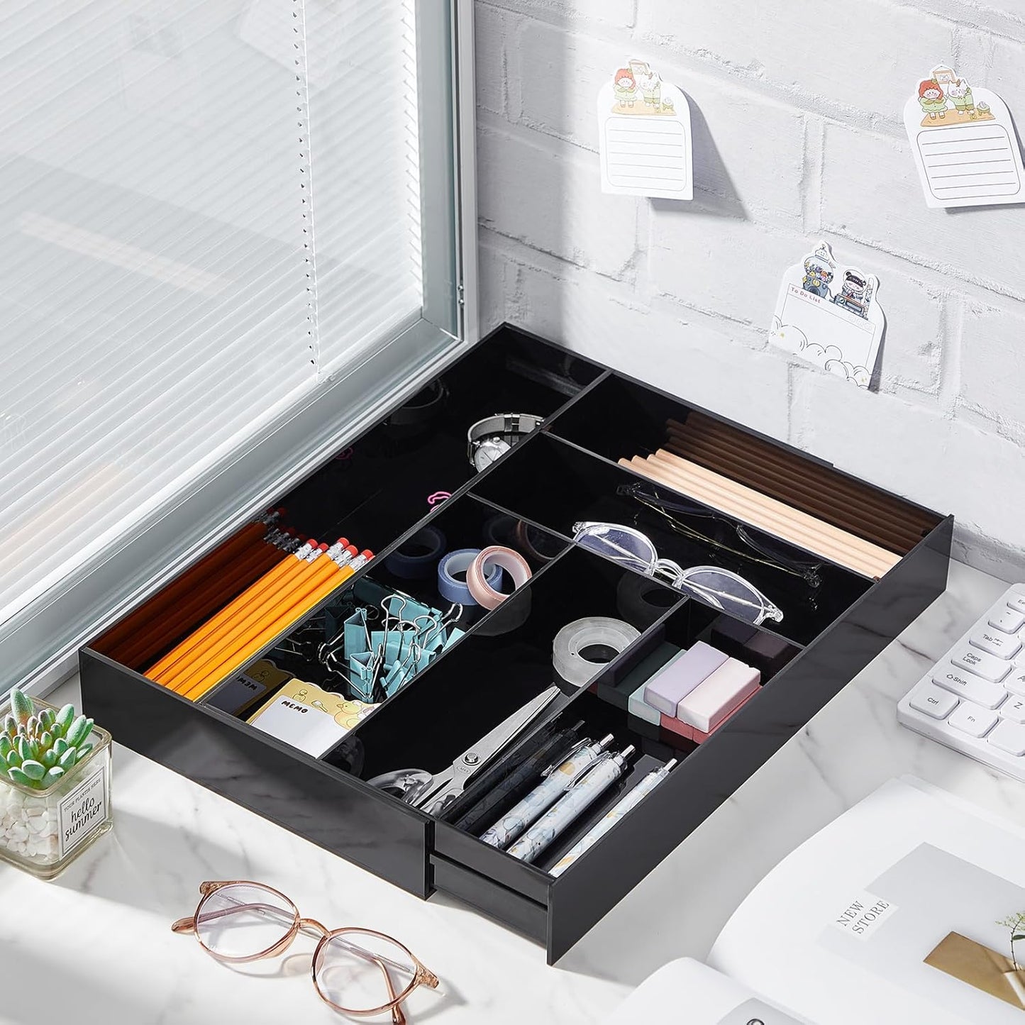 1 Pcs Acrylic Drawer Organizer Maximum 15 x 18 x 2 Inch Expandable Drawer Organizer Pens Notebook Ruler Makeup Tray with 7 Adjustable Compartments for Desk Office Kitchen Bathroom (Black)