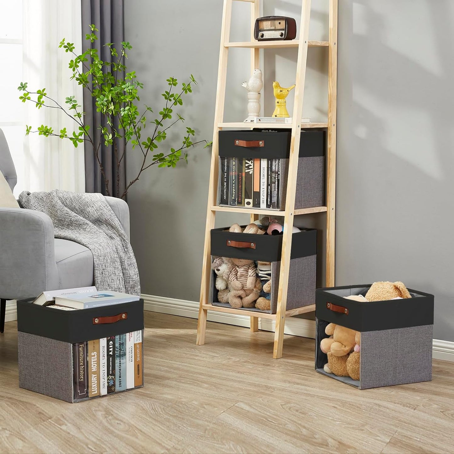 Storage Cubes, 4 Pack Linen Foldable Storage Bins (13 x 13 inch) with Clear Window and Handles, Fabric Organizer for Shelf Closet, Clothes, Books - (Gray and Black)