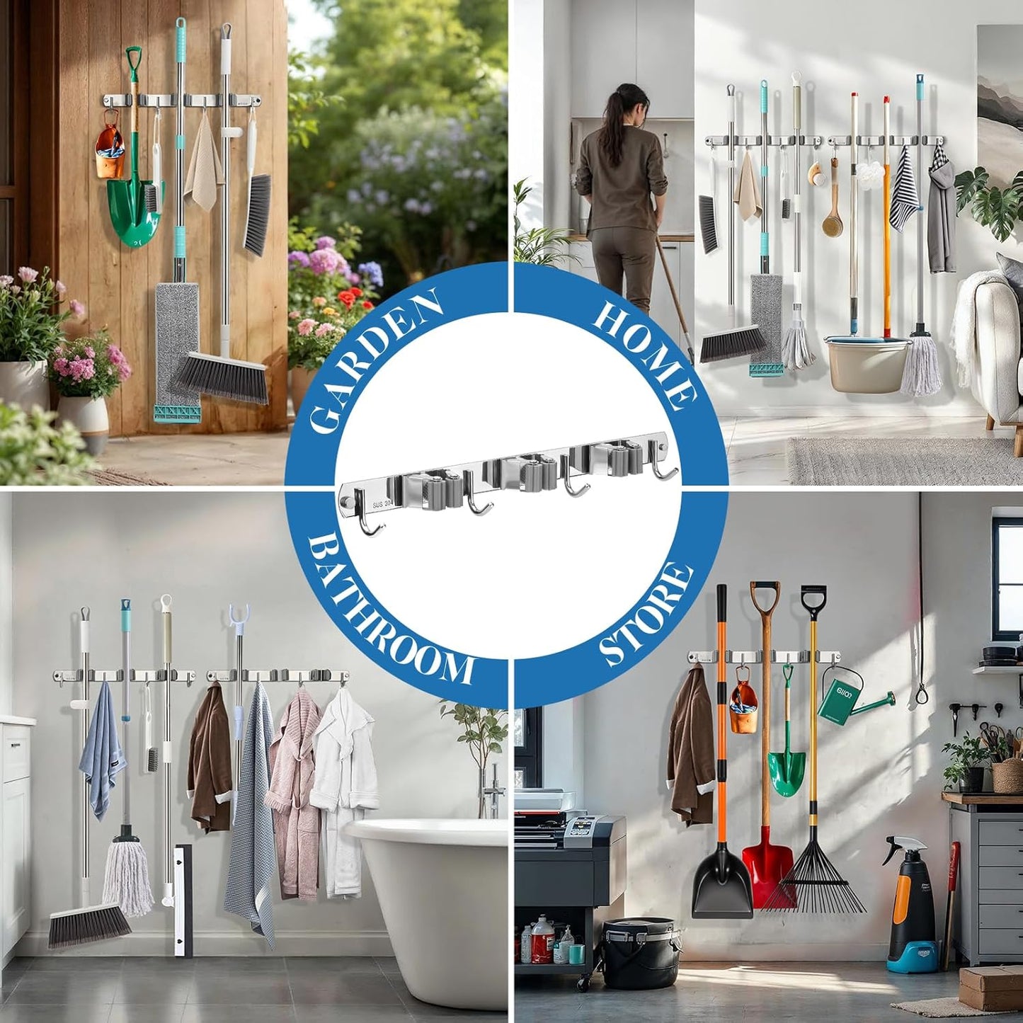 3 Pack Silver Mop and Broom Holder Wall Mount Self Adhesive 3 Racks with 4 Hooks Broom Organizer Wall Mount Stainless Steel Broom Hanger for Home Kitchen Garden Laundry Garage Organization Storage