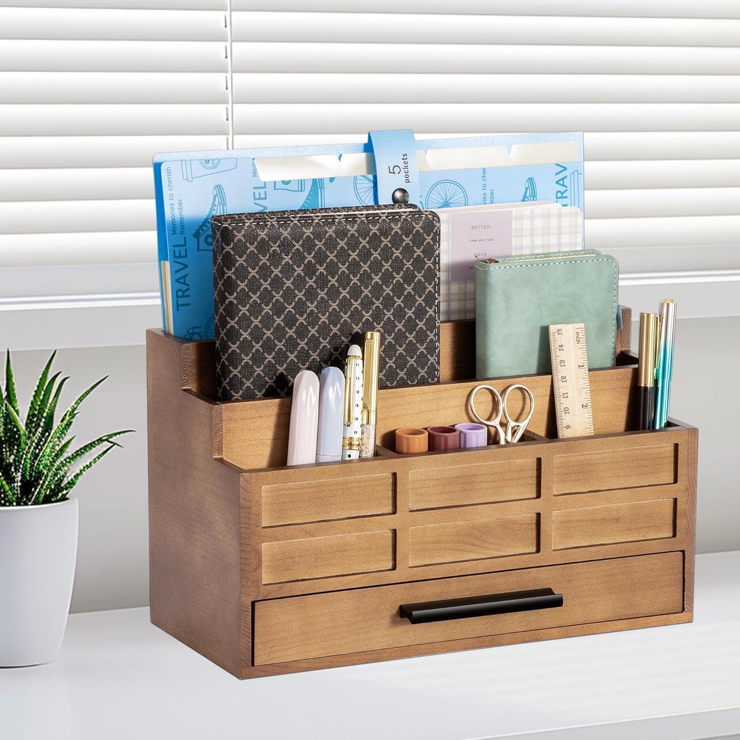 Brown Wood Desk Organizer and Accessories with Drawer, Bill Mail Organizer and File Mail Holder for Office Supplies, Rustic Desk Accessories & Workspace Organizers
