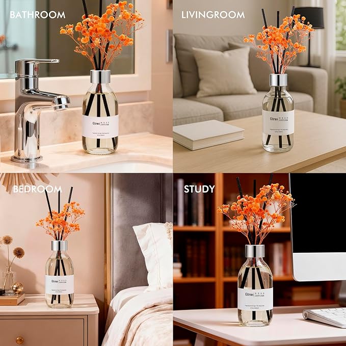 Clesh Reed Diffuser Set, 6.7 oz Citrus Scented Diffuser with Sticks, Home Fragrance Reed Diffuser for Bathroom Shelf Decor