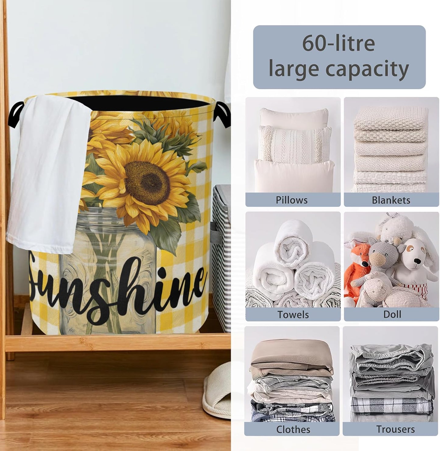 Retro Sunflowers Laundry Hamper,Sunshine Dirty Clothes Laundry Basket with Handles Waterproof Oxford Cloth Storage Basket for College Dorms Bathroom Bedroom 16" x 20.8"
