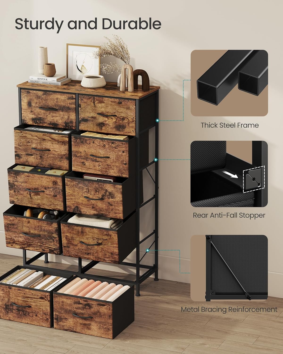 SONGMICS Dresser for Bedroom, Chest of Drawers, Steel, MDF, 10 Non-Woven Fabric Drawers, Storage Organizer Unit, Closet, Entryway, Rustic Brown and Ink Black ULGS125B02S