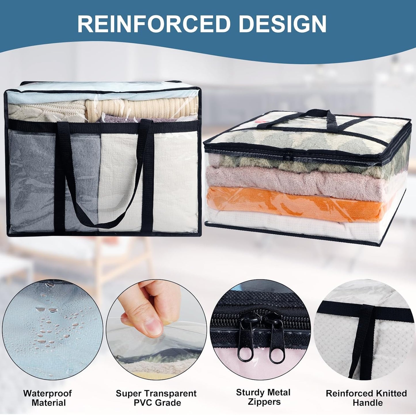 8Pack Clear Blanket Storage Bags, Vinyl Comforter Clothes Storage Closet Organizers and Storage Containers Moving Bags with Reinforced Handle for Bedding, Clothing, Comforters, Pillows, Toys,40L