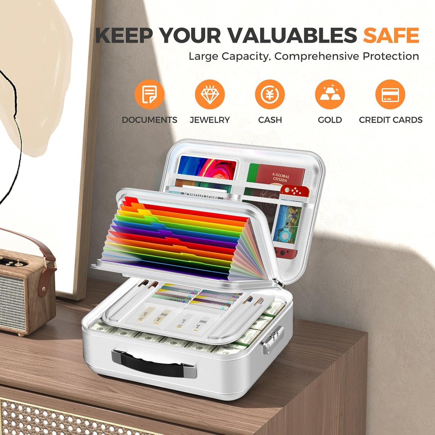 Fireproof Document Box with Lock, Waterproof File Safe Box for Documents, Fireproof and Waterproof Important Document Organizer for Home and Office - Silver Gray