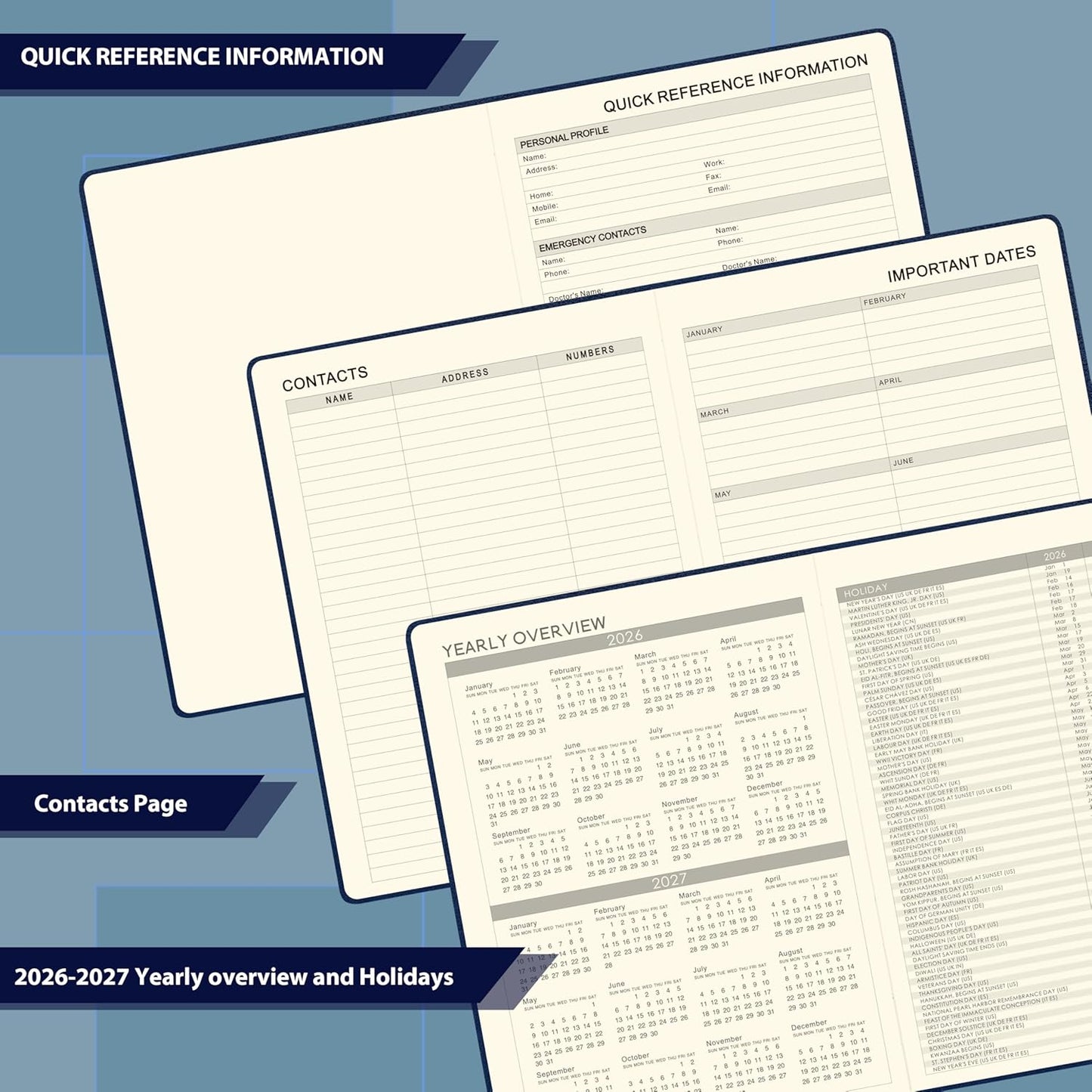 2026 Planner - Planner 2026, Leather Calendar Weekly and Monthly, 9"x11", Jan 2026 - Dec 2026, Leather Hardcover, Pen Loop, Elastic Closure, Pocket - Navy