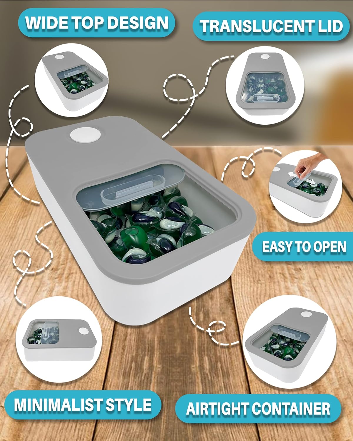 TidyFriend Laundry Pods Container with Slide Lid, 15" x 8.7" x 4.5", Airtight Storage Keeps Pods Fresh, Holds 9–10 lbs or 100–130 Pods, Laundry Detergent Container & Dishwasher Pod Holder (Grey)