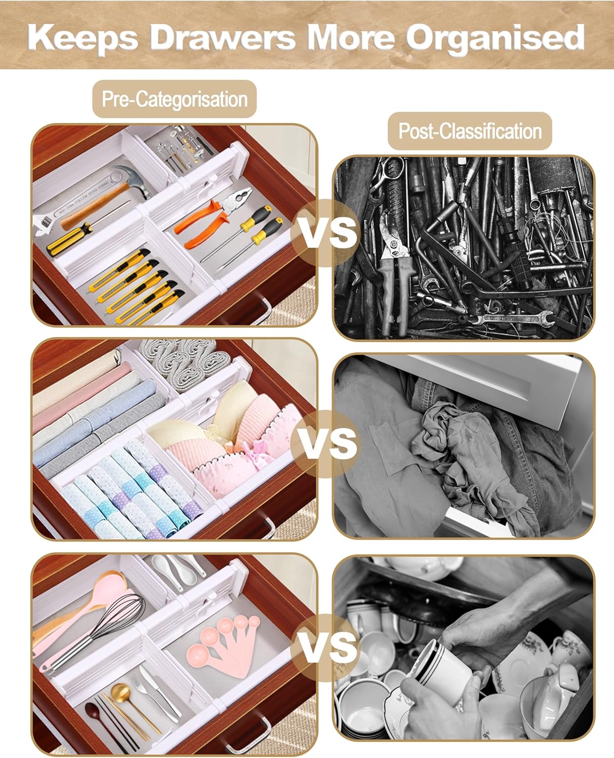 CeeVian Adjustable Drawer Organizers Set 8 Piece ABS Plastic Dividers with EVA Padding Splitter Plastic Drawers Separators for Wardrobes, Kitchen, Office & Bathroom Storage(White)