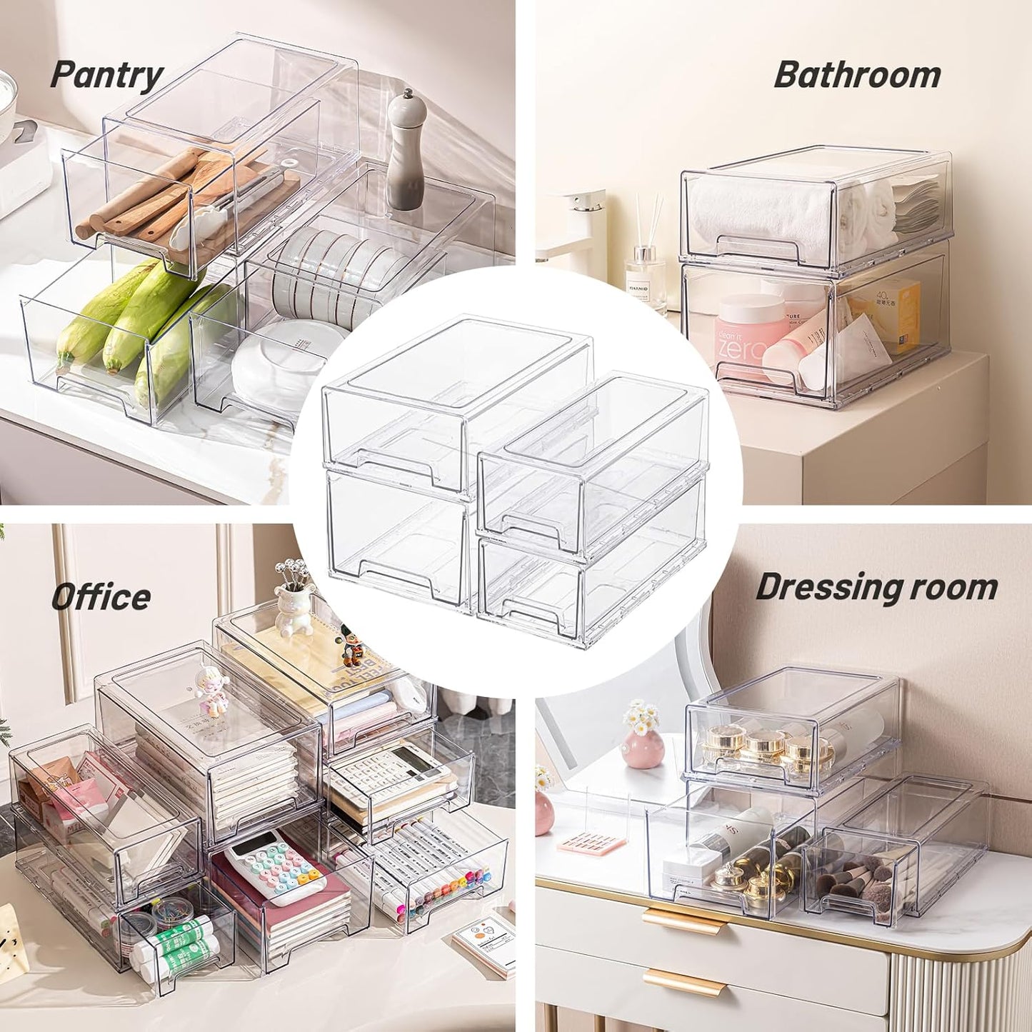 PeJeyiee 2 Pack Stackable Pull-Out Storage Drawers,Plastic Clear Organizer Bins with Handles,Easily Clean for Craft, and Toy Organization,Kitchen Undersink,Cabinet,Fridge,Closet,Pantry,Office,Bathroom