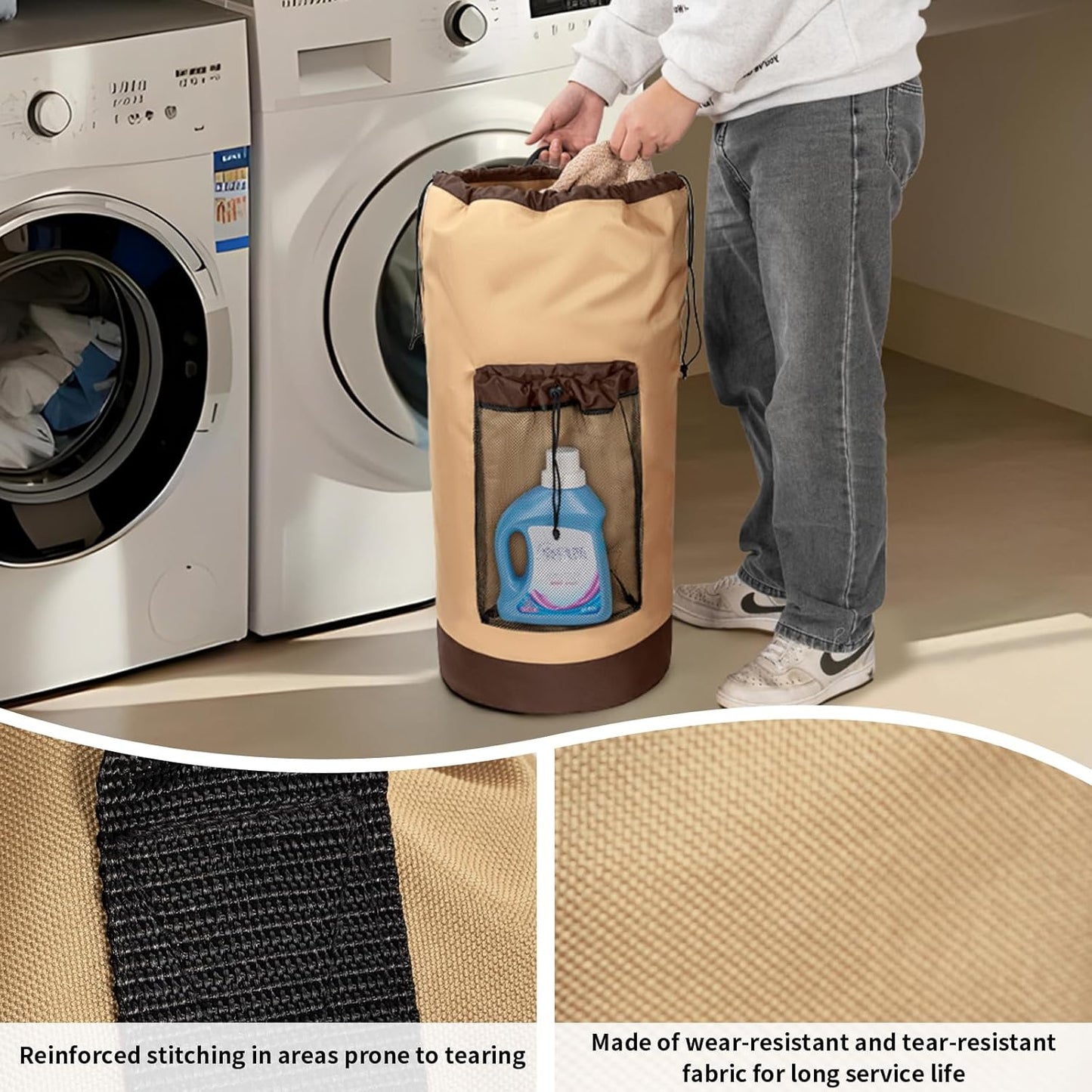 Laundry Bag Backpack with Shoulder Straps and Mesh Pocket Foldable Clothes Hamper Bag with Drawstring Closure for College, Apartment, Laundromat (Brown)